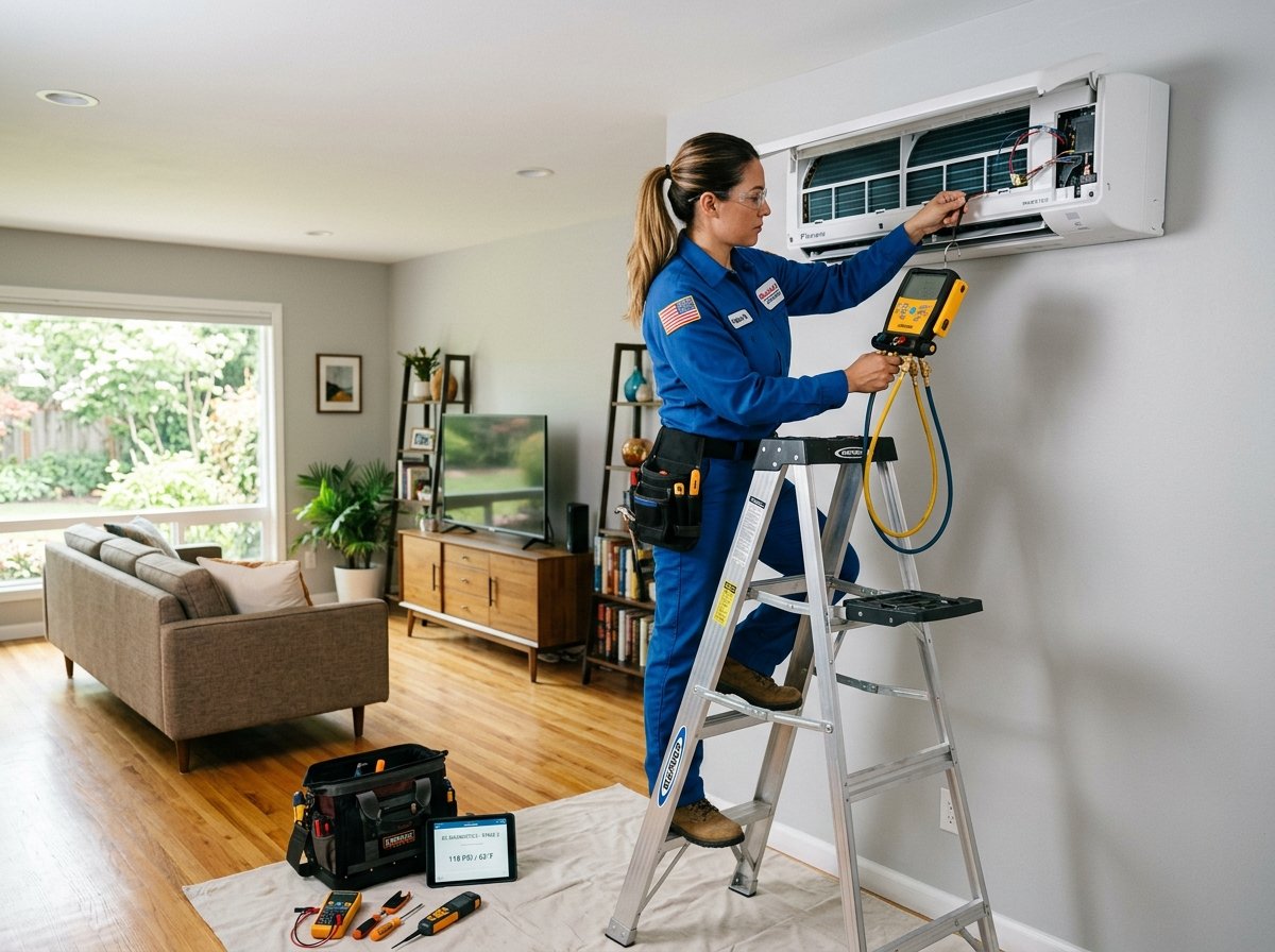 Technician servicing an air conditioner