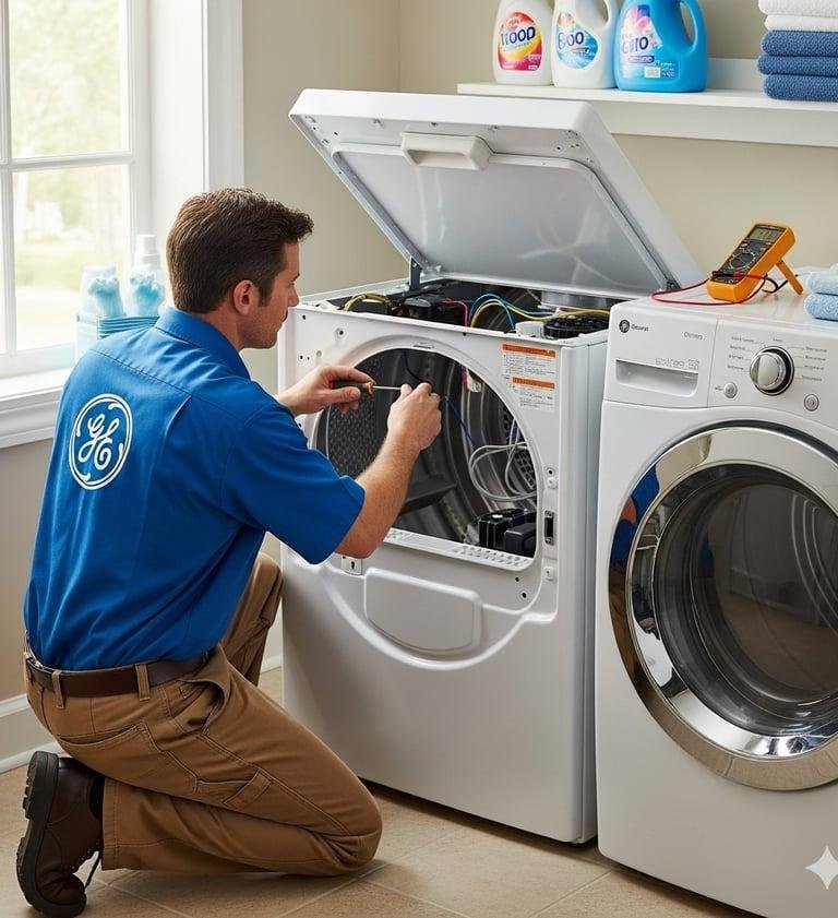 Technician servicing a chest freezer