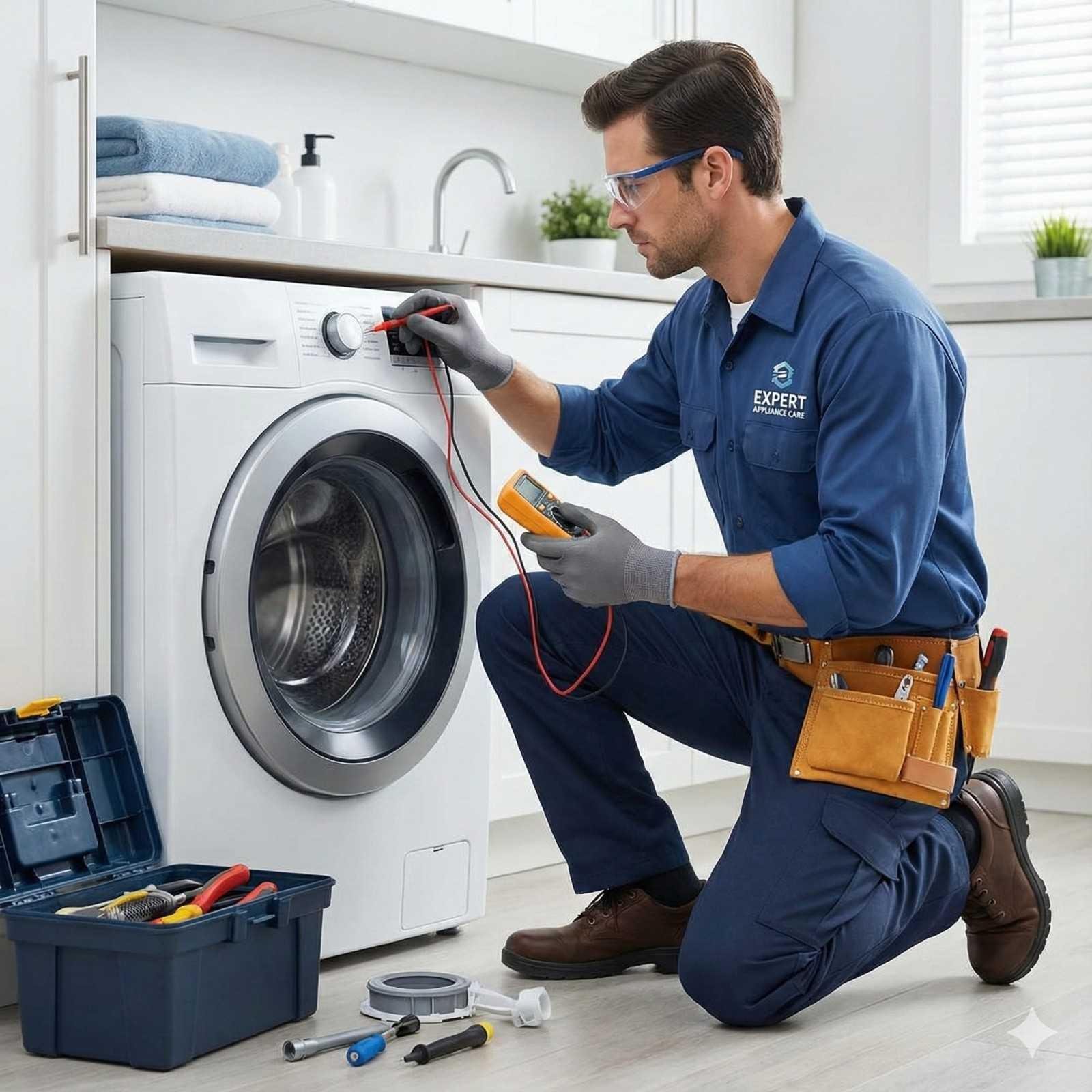 Technician diagnosing an appliance at home