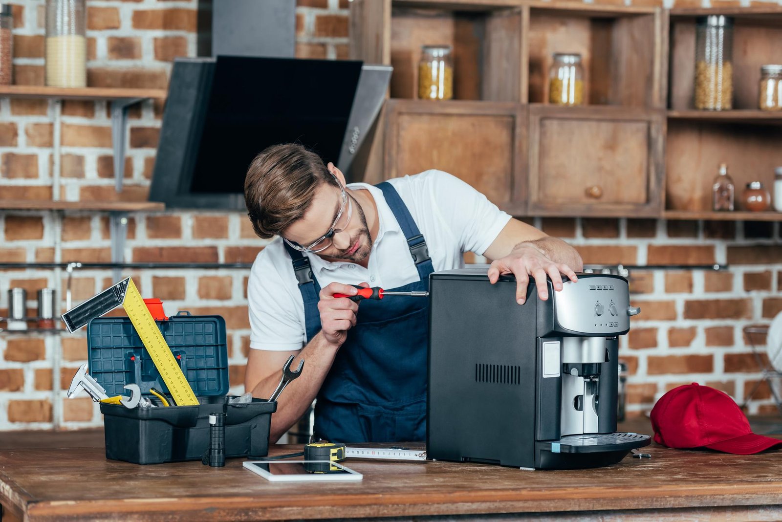 Technician repairing a small kitchen appliance