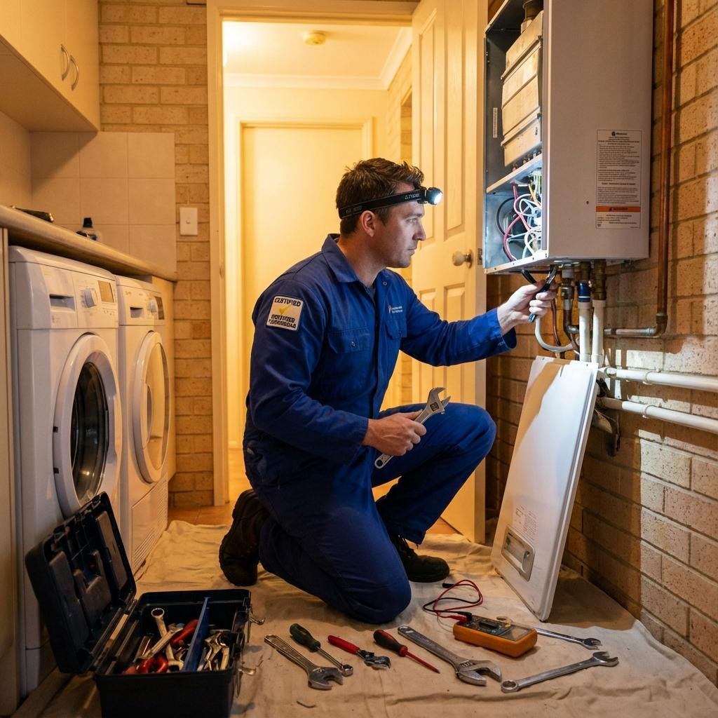 Technician inspecting a home water heater