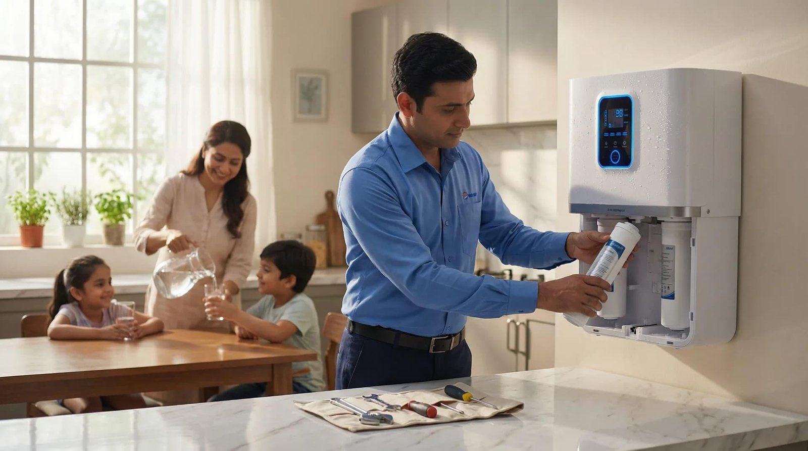 Technician servicing a home water purifier